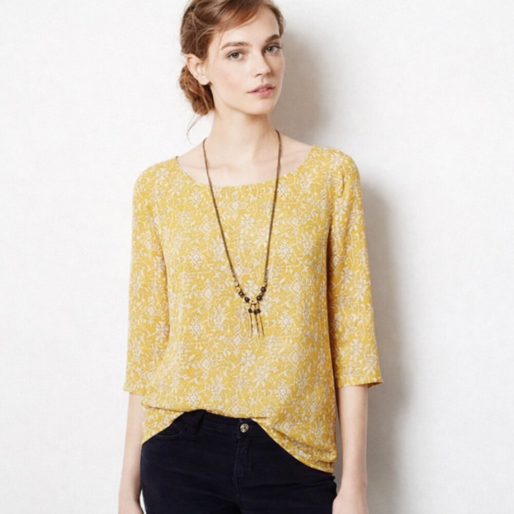 Anthropologie HD in Paris Eira Mustard Yellow Floral 3/4 Sleeve Blouse Size 2